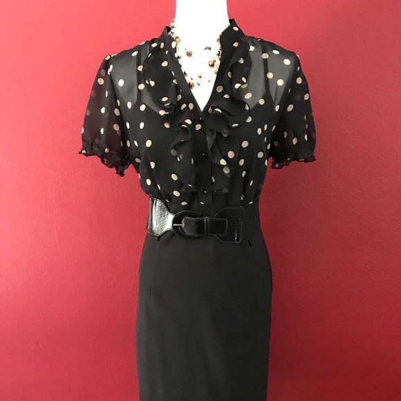 Little black ALYX dress w/beige polka dots Sz. 16 - Picture 1 of 10